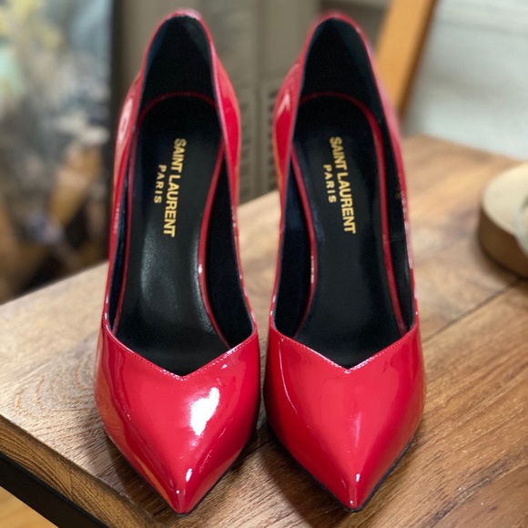 Saint Laurent Red Patent Leather Pointed Toe Pumps - Picture 6 of 6